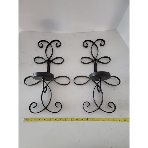 Black Metal Wall Sconce Candle Holder Wrought Iron Large 16" Farmhouse Pair of 2 - Picture 10 of 11